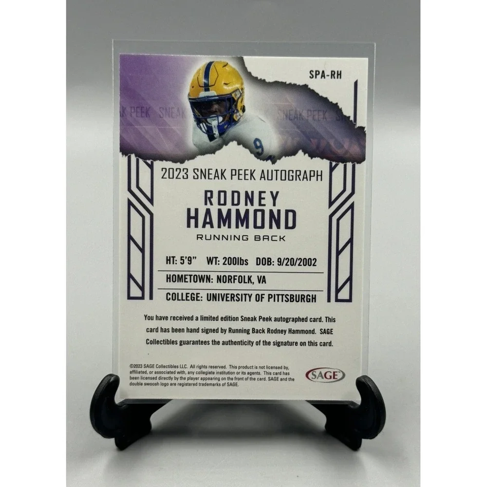 2023 Sage Sneak Peek Red Rodney Hammond RC Auto #SPA-RH University Of Pitt‎